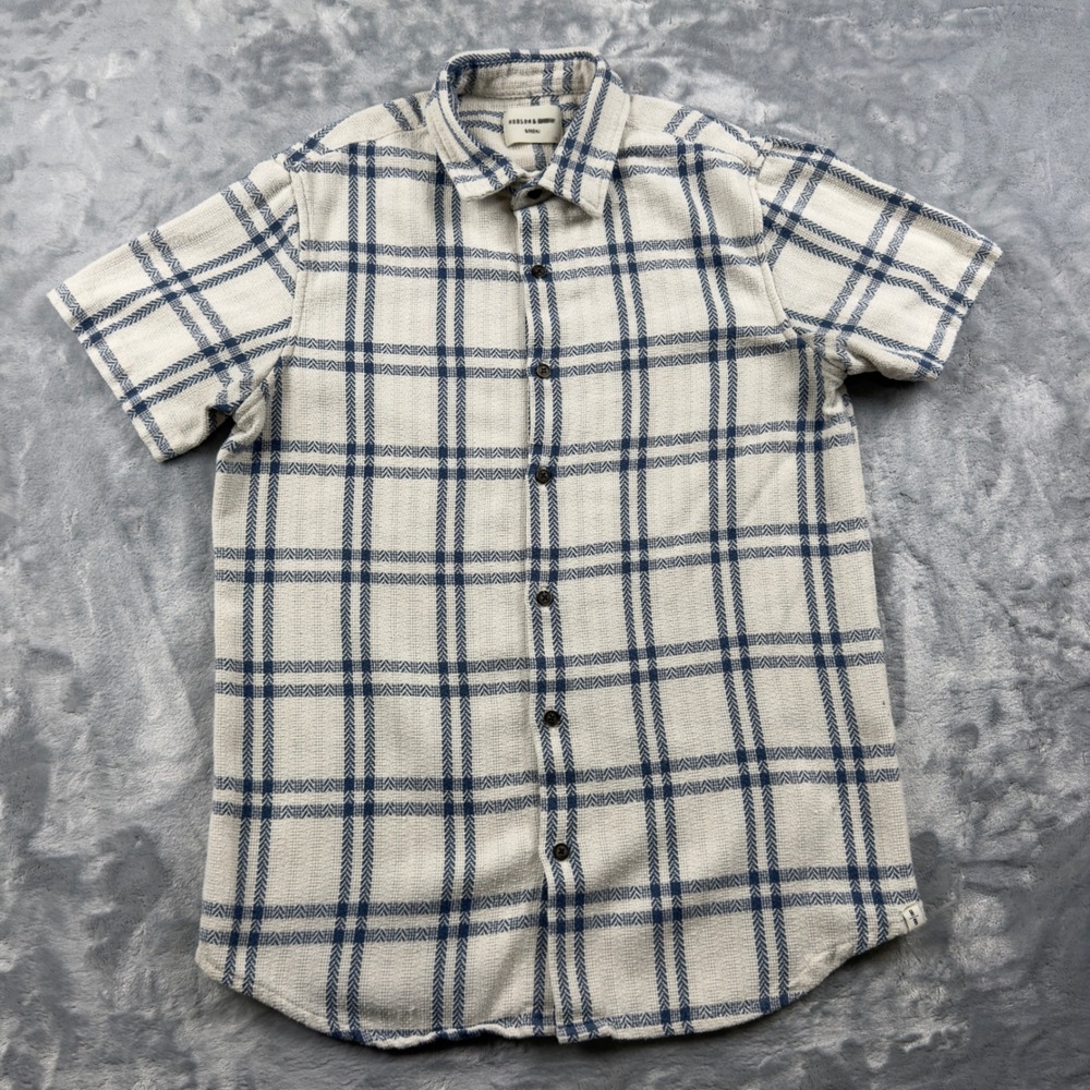 Hudson & Barrow Mens Short Sleeve Button Down Shirt Plaid Textured Woven Blue M